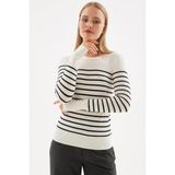 Fashion Friends Bisiklet Yaka Çizgili Beyaz Siyah Kadın Kazak 25K0023K1 - Beyaz - Siyah - M
