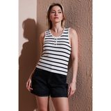 Fashion Friends Çizgili Standart Fit Yuvarlak Yaka Düğme Detaylı Atlet Bayan Atlet 25Y0297K1 - Lacivert
