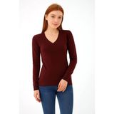 Fashion Friends Esnek V Yaka Bordo Kadın Kazak 25K0778K1 - M