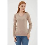 Fashion Friends Esnek V Yaka Vizon Kadın Kazak 25K0778K1 - Açık Vizon - 2XL
