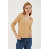 Fashion Friends Kadın Kare Yaka Saç Örgülü Kazak 23K0405K1 Camel - L
