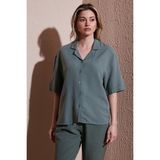 Fashion Friends Keten Karışımlı Standart Fit Kısa Kollu Gömlek Bayan Gömlek 25Y0605K1 - Açık Haki