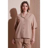 Fashion Friends Keten Karışımlı Standart Fit Kısa Kollu Gömlek Bayan Gömlek 25Y0605K1 - XL - Bej