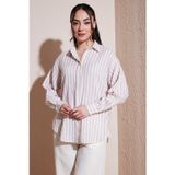 Fashion Friends Pamuklu Çizgili Oversize Uzun Kollu Bayan Gömlek 26Y0670K1 BEJ