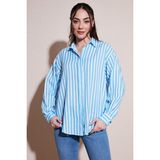 Fashion Friends Pamuklu Çizgili Oversize Uzun Kollu Gömlek Bayan Gömlek 26Y0670K1 - Mavi