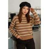 Fashion Friends Rahat Bisiklet Yaka Çizgili Camel Kadın Kazak 25K0477K1 - XL