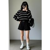 Fashion Friends Rahat Bisiklet Yaka Çizgili Siyah Kadın Kazak 25K0477K1
