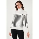 Fashion Friends Regular Fit Balıkçı Yaka Düğme Detaylı Kazak Bayan Kazak 25K0024K1 - Ekru Çizgili
