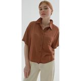 Fashion Friends Regular Fit Cep Detaylı Kısa Kollu Crop Bayan Gömlek 25Y0515K1 KAHVE