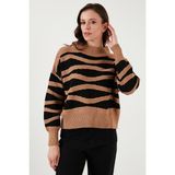 Fashion Friends Regular Fit Sıfır Yaka Desenli Crop Kazak Kadın Kazak 24K0273K1 - M - Camel