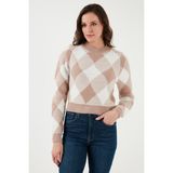 Fashion Friends Regular Fit Sıfır Yaka Desenli Kazak Kadın Kazak 24K0194K1 - Camel
