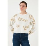 Fashion Friends Regular Fit Sıfır Yaka Simli Bayan Kazak 24K0261K1 EKRU