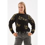 Fashion Friends Regular Fit Sıfır Yaka Simli Bayan Kazak 24K0261K1 SİYAH