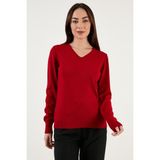 Fashion Friends Regular Fit V Yaka Triko Kazak Bayan Kazak 24K0244K1 - Bordo