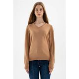 Fashion Friends Regular Fit V Yaka Triko Kazak Bayan Kazak 24K0244K1 - Camel