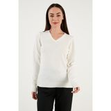 Fashion Friends Regular Fit V Yaka Triko Kazak Bayan Kazak 24K0244K1 - Ekru - M