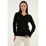Fashion Friends Regular Fit V Yaka Triko Kazak Bayan Kazak 24K0244K1 - Siyah - XS