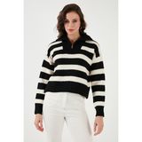 Fashion Friends Relaxed Fit Yarım Fermuarlı Dik Yaka Çizgili Kazak Bayan Kazak 24K0011K1 - Siyah