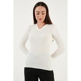 Fashion Friends Slim Fit V Yaka Fitilli Triko Kazak Bayan Kazak 24K0289K1 - Ekru - XL