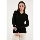 Fashion Friends Slim Fit V Yaka Fitilli Triko Kazak Bayan Kazak 24K0289K1 - Siyah