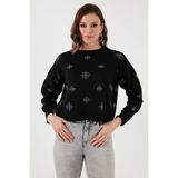 Fashion Friends Standart Fit Bisiklet Yaka Desenli Kazak Kadın Kazak 24K0268K1 - Siyah