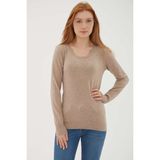 Fashion Friends Standart Fit U Yaka Triko Kazak Bayan Kazak 24K0779K1 - Vizon Melanj