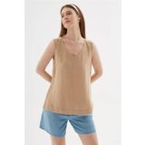 Fashion Friends V Yaka Keten Bej Kadın Bluz 25y0530k1