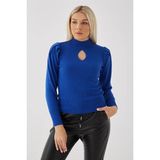 Fashion Friends Yarım Balıkçı Yaka Pencere Detaylı Fitilli Slim Fit Triko Kazak Bayan KAZAK 23K0397K1 - Saks - XS