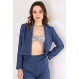 Fashion Showcase Crop Keten Yazlık Kadın Blazer Ceket - İndigo