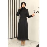 Fashion Showcase Tüy Detay Saten Kalem Abiye Elbise Siyah - Design - Fsc3016