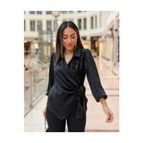 Fashionbox KADIN V Yaka Kolu Lastikli Yarı Payetli Yandan Bağlamalı Saten Bluz