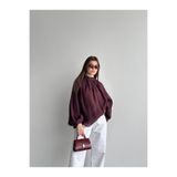 Fashionbox tül modal rahat kalıp büzgü yakalı dökümlü salaş bluz 261005