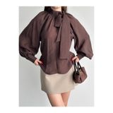Fashionbox tül modal yazlık reglan kol fular detaylı bluz 261004