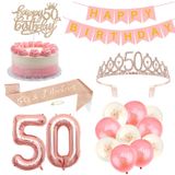 FASOTY Kadınlar için 50. Doğum Günü Süslemeleri Pembe Altın 50. Doğum Günü Tacı ve Kuşak, Mutlu Yıllar Afişi, Pasta Üstü, 50. Doğum Günü Balonları, Onun için 50. Doğum Günü Hediyeleri