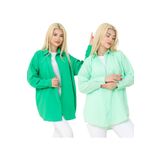 FATELLA Kadın DÜZ RENK KETEN RAHAT KESİM Oversize Uzun 2li Nefti Yeşil Su Yeşili Gömlek (2 adet)