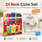 Fatih 36 Renk Kuru Boya Kalemi + Eskiz Defteri Hediyeli , Kalemtıraş Çizime Hazır Boyama Seti - 24 Renk