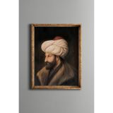 Fatih Sultan Mehmed Portresi - Vintage Desenli Çerçeve, Altın1, 21 x 30