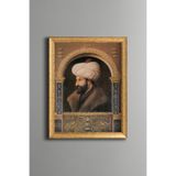 Fatih Sultan Mehmed Portresi - Vintage Desenli Çerçeve - İnce Model, Altın3, 30 x 40
