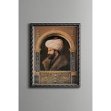 Fatih Sultan Mehmed Portresi - Vintage Desenli Çerçeve - İnce Model, Gümüş, 30 x 40
