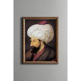 Fatih Sultan Mehmet Portresi - Vintage Desenli Çerçeve - İnce Model, Altın2, 21 x 30