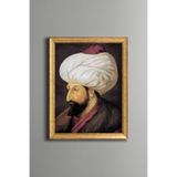 Fatih Sultan Mehmet Portresi - Vintage Desenli Çerçeve - İnce Model, Altın3, 30 x 40