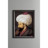 Fatih Sultan Mehmet Portresi – Vintage Desenli Çerçeve – İnce Model, Gümüş, 21 x 30
