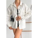 Fav Style CKT0006 Oversize Uzun Kollu Çift Cepli Kırık Beyaz Kadın Gömlek