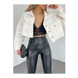 Fav Style Kadın Altı Kesik Dikişsiz Düğmeli Çift Cepli Crop Oversize Kot Ceket Ekru