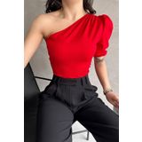 Fav Style Kadın Asimetrik Yaka Tek Omuz Kısa Prenses Kol Crop Bluz Kırmızı