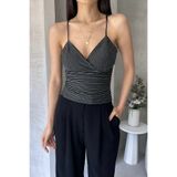 Fav Style Kadın Askılı Kruvaze Yaka Simli Bluz Siyah