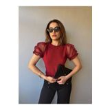 Fav Style Kadın Bisiklet Yaka Kısa Tül Kollu Bluz Bordo