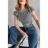 Fav Style Kadın Bisiklet Yaka Kolları Volanlı Sırtı Bağlama Detaylı Çizgili Crop Bluz Siyah