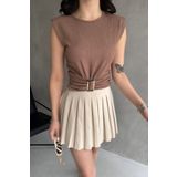 Fav Style Kadın Bisiklet Yaka Vatkalı Beli Kemer Detaylı Kolsuz Crop Bluz Vizon