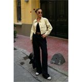 Fav Style Kadın Çift Cepli Crop Denim Ceket Bej